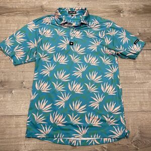 Bad Birdie Polo Shirt Mens Small Blue Tropical Floral‎ Golf Stretch Performance